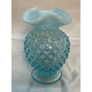 Vintage Fenton Blue Opalescent Glass Hobnail Bud Vase Hat Pin Holder 3.75”